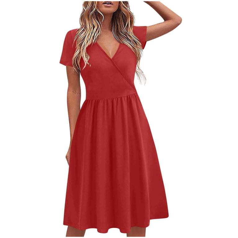 Ashirexll Casual Dresses for Women, Flowy Dresses for Women, Fashion Solid Color Short Sleeve Round Neck Mid Calf Length Dress, Women's, Red
