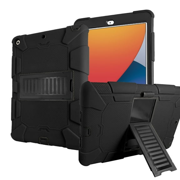 For Apple iPad 9th Generation 2021 / iPad 8th Generation 2020 / iPad 7th Generation 2019 10.2 inch Dual layer Shockproof Heavy Duty Hybrid Silicone Kickstand Tablet Case Cover Black/Black