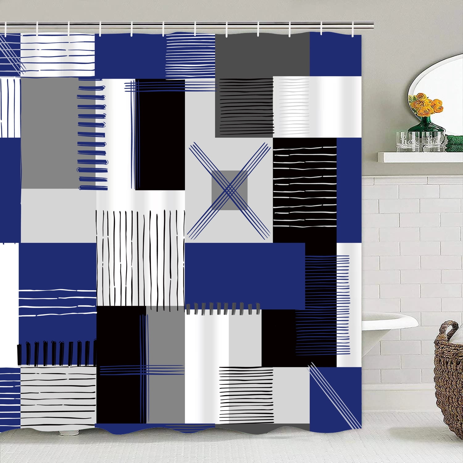 All Smiles 4-Piece Bathroom Sets Shower Curtain Set with Non-Slip Rug and Toilet Lid Cover,Blue