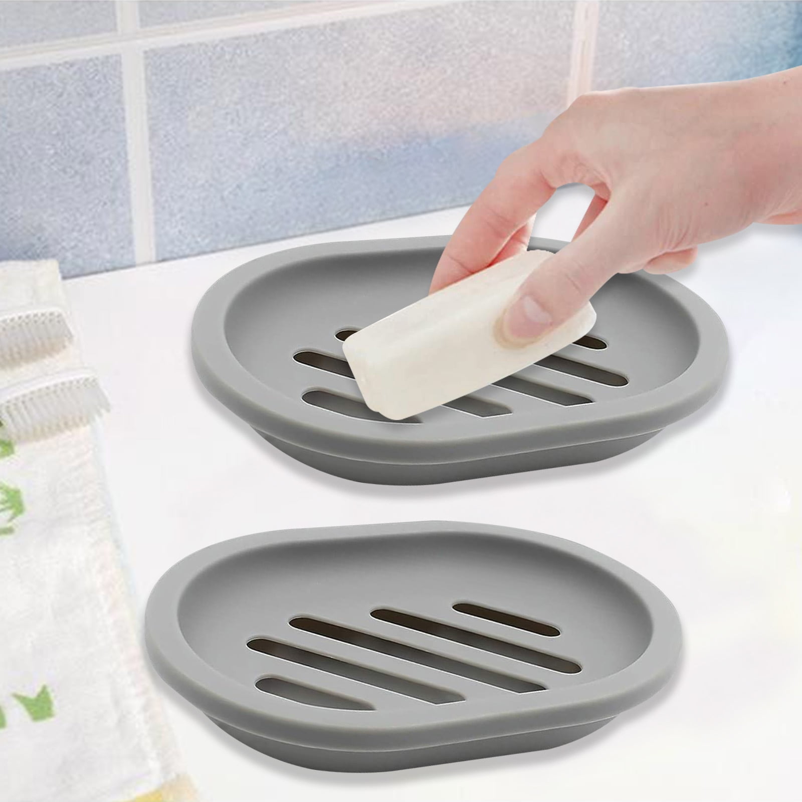 Soap Tray Plastic Soap Dish Container (Gray), Soap Box Holder for Bathroom Shower Kitchen, Keep Soap Dry & Easy to Clean (2 Pack, Oval Shape)
