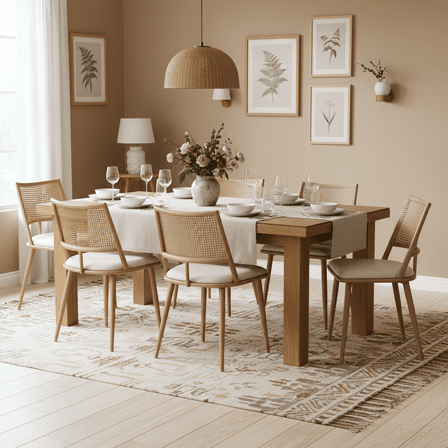 Noble House Modern Dining Chairs Set of 6, PU Upholstered Easy-Clean Seats with PE Rattan Back,Beige + Natural