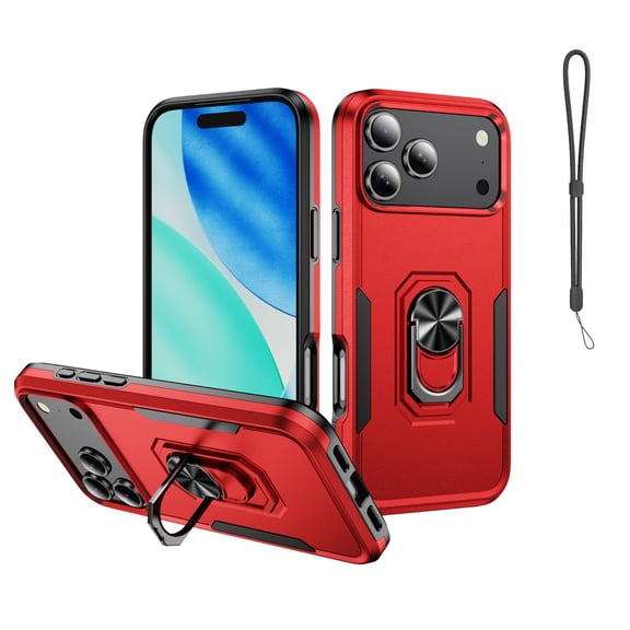Mynvo Case for iPhone 17 Pro Max with Kickstand, with Wrist Strap Slim Hard PC Rugged Non-Slip Anti-Fingerprint Anti-Scratch Protective Back Cover for Women Men, Red Black