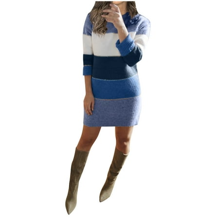 Summer Dresses For Women 2022 Women Winter O-neck Sweater Color Striped Pullover Sweater Dress Long Sleeve Slim Mini Dress