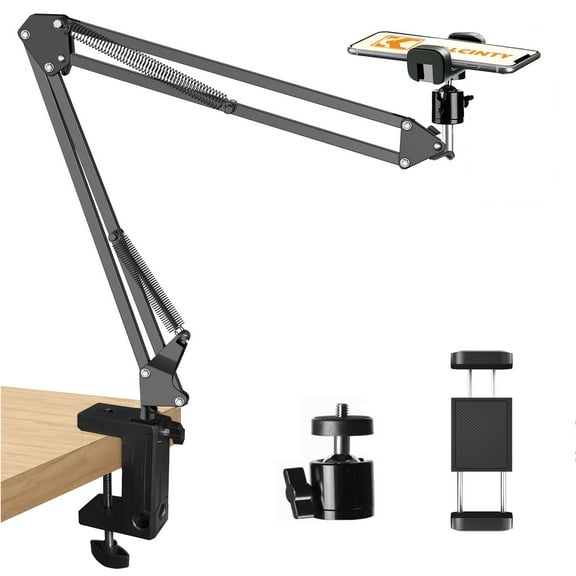 KALCINTY Desk Phone Mount, Phone Holder for Bed, Suspension Arm Scissor Stand, Flexible Over Head Arm with Phone Holder and Ball Head