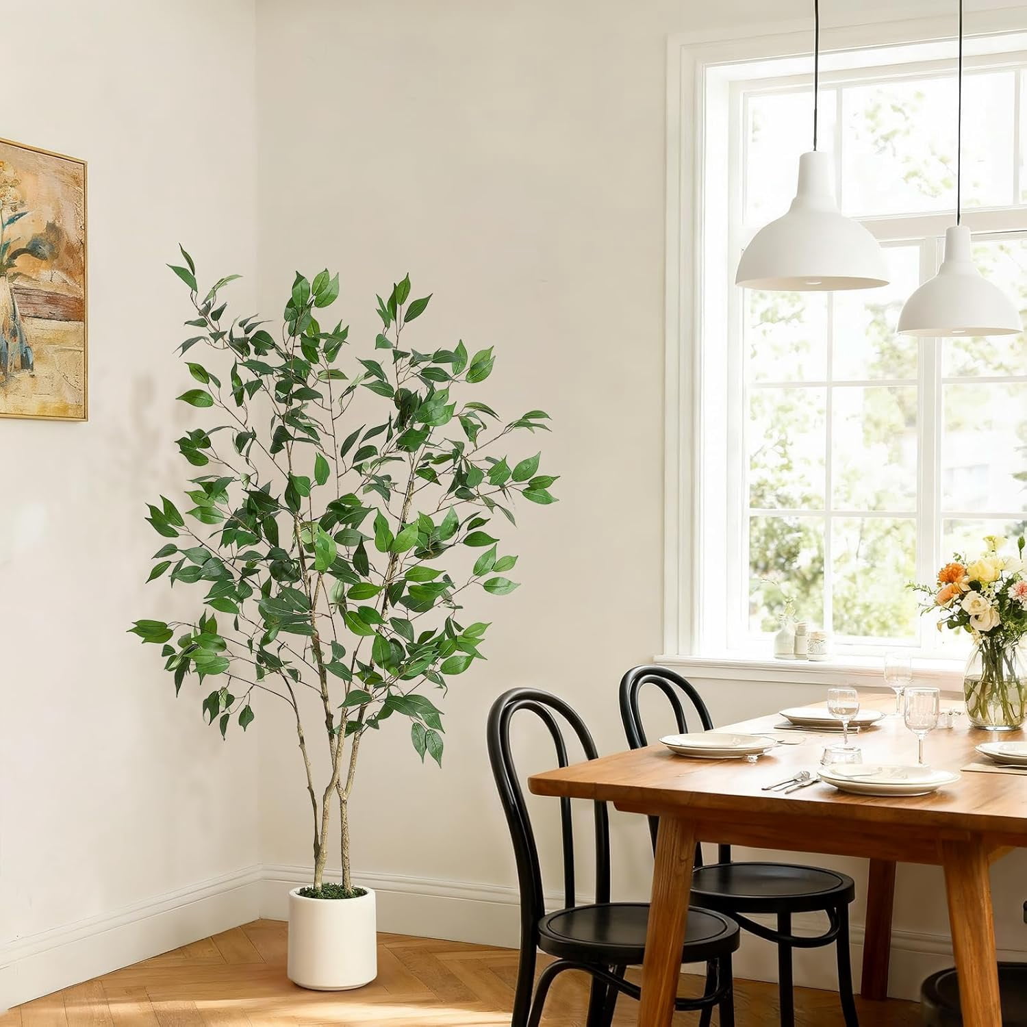 Ficus Trees Artificial Indoor, 5FT Tall Faux Ficus Tree with White Planter & Green Fake Moss, Artificial Plants with Natural Wood Trunk & Lifelike Fruits for Home Office Decor