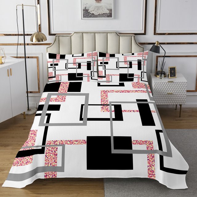 YST Ensemble de Courtepointe à Rayures pour Adolescents Adultes, Ensemble de Couvre-Lit à Sequins Roses pour Filles, Ensemble de Couvre-Lit Moderne Grand, Couvre-Lit Géométrique avec 2 Taies d'Oreiller Décoration de Chambre, (Fausses) Paillettes