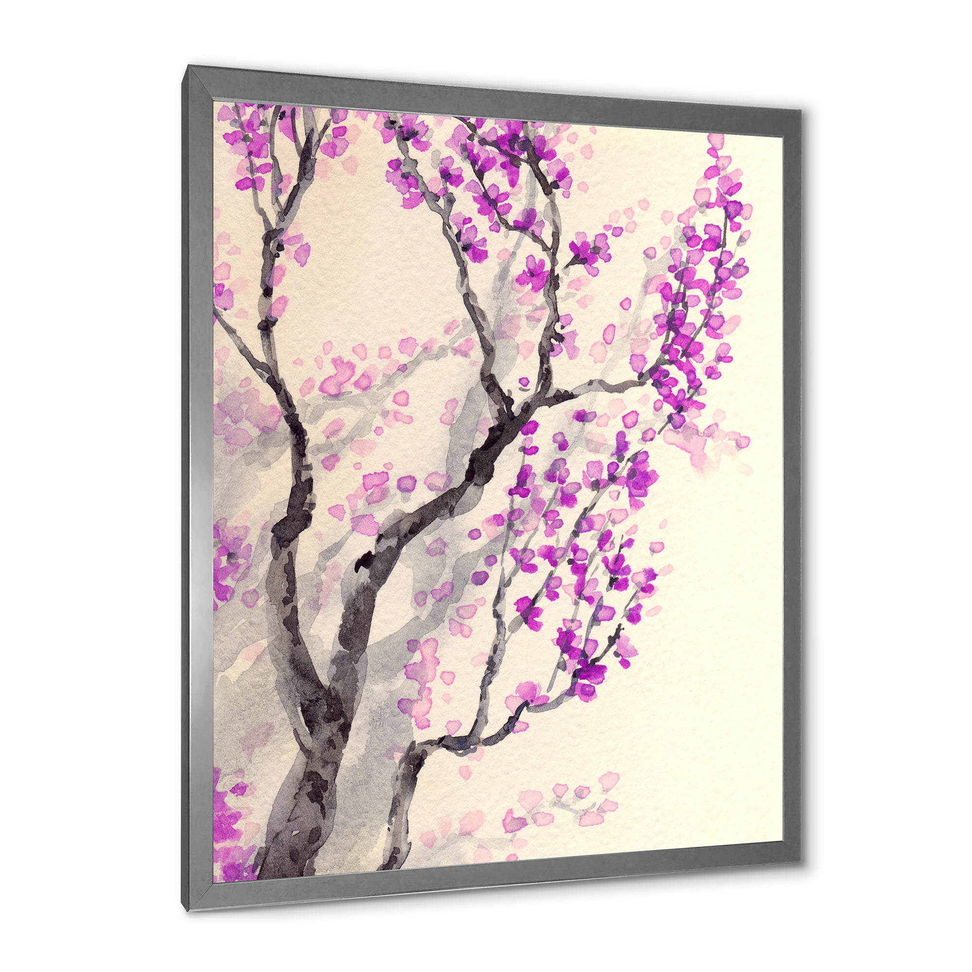 Abstract Spring Purple Flowers On Tree Branches 24 in x 32 in Framed Painting Canvas Art Print, by Designart