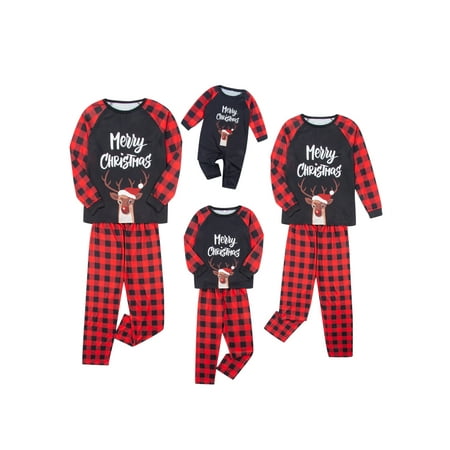 

Sunisery Christmas Family Matching Pajamas Set Letter Deer Print Long Sleeve Tops Plaid Pants Sleepwear Black Red Mom-XL