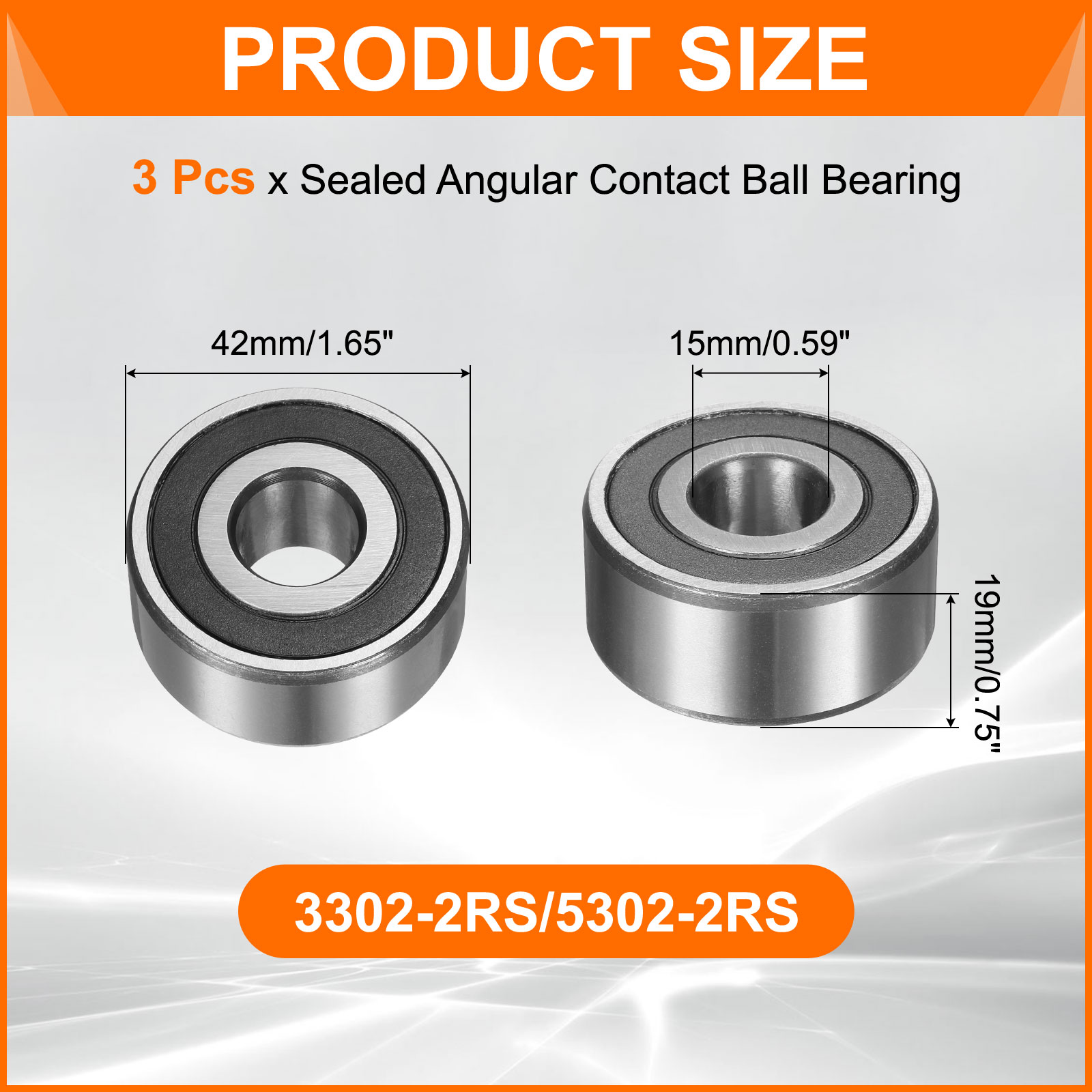 Uxcell 3 Pack 3302-2RS/5302-2RS Double Row Sealed Angular Contact Ball Bearing, 15 x 42 x 19mm Ball Bearings for Electric Motor, Pumps, Compressors, Agricultural Machinery