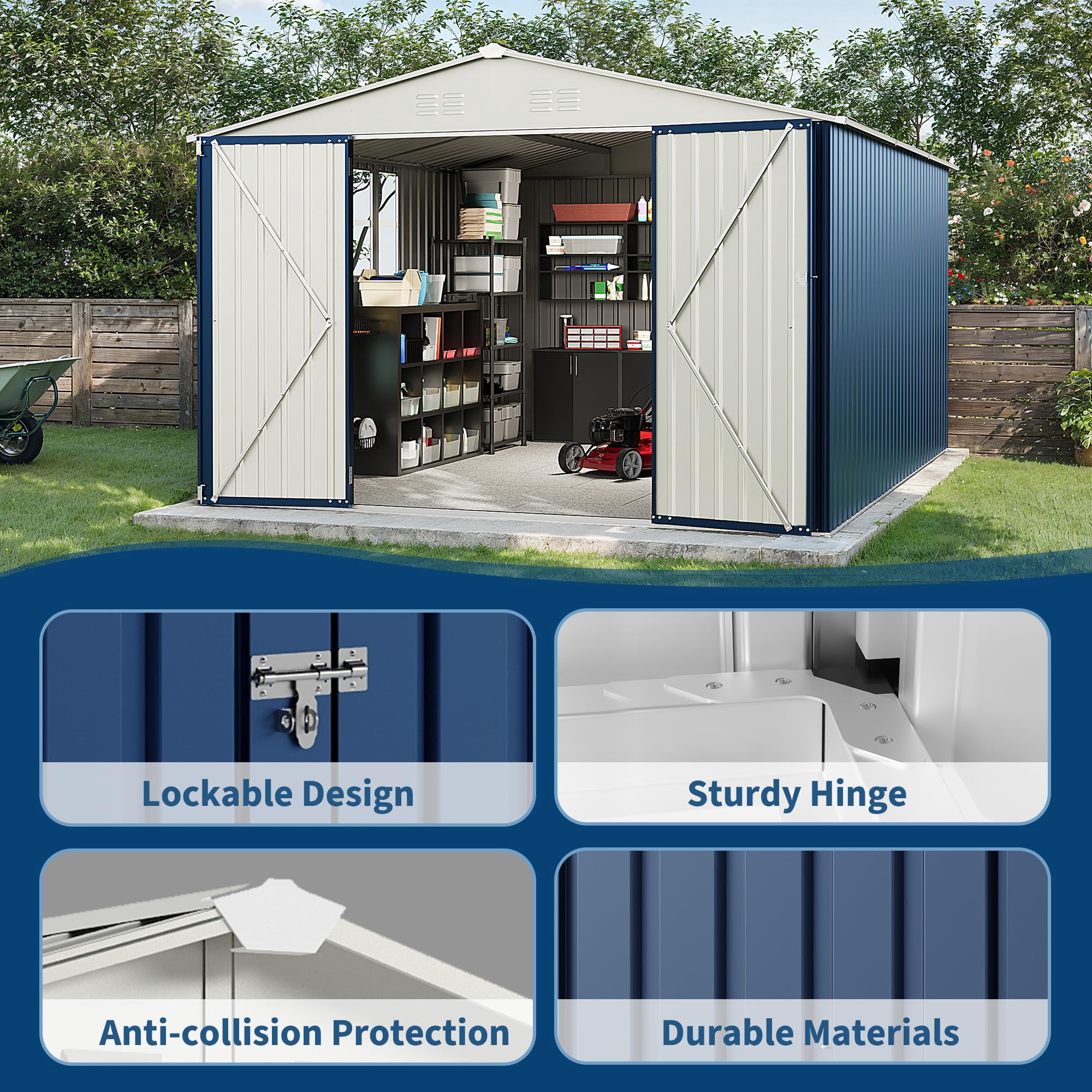 10X12 FT Storage Shed，Lockable Gable Roof Garden Shed with Grid Window, All-Weather Resistant Storage Unit for Bikes, Ladders, Patio Supplies & Garden Essentials