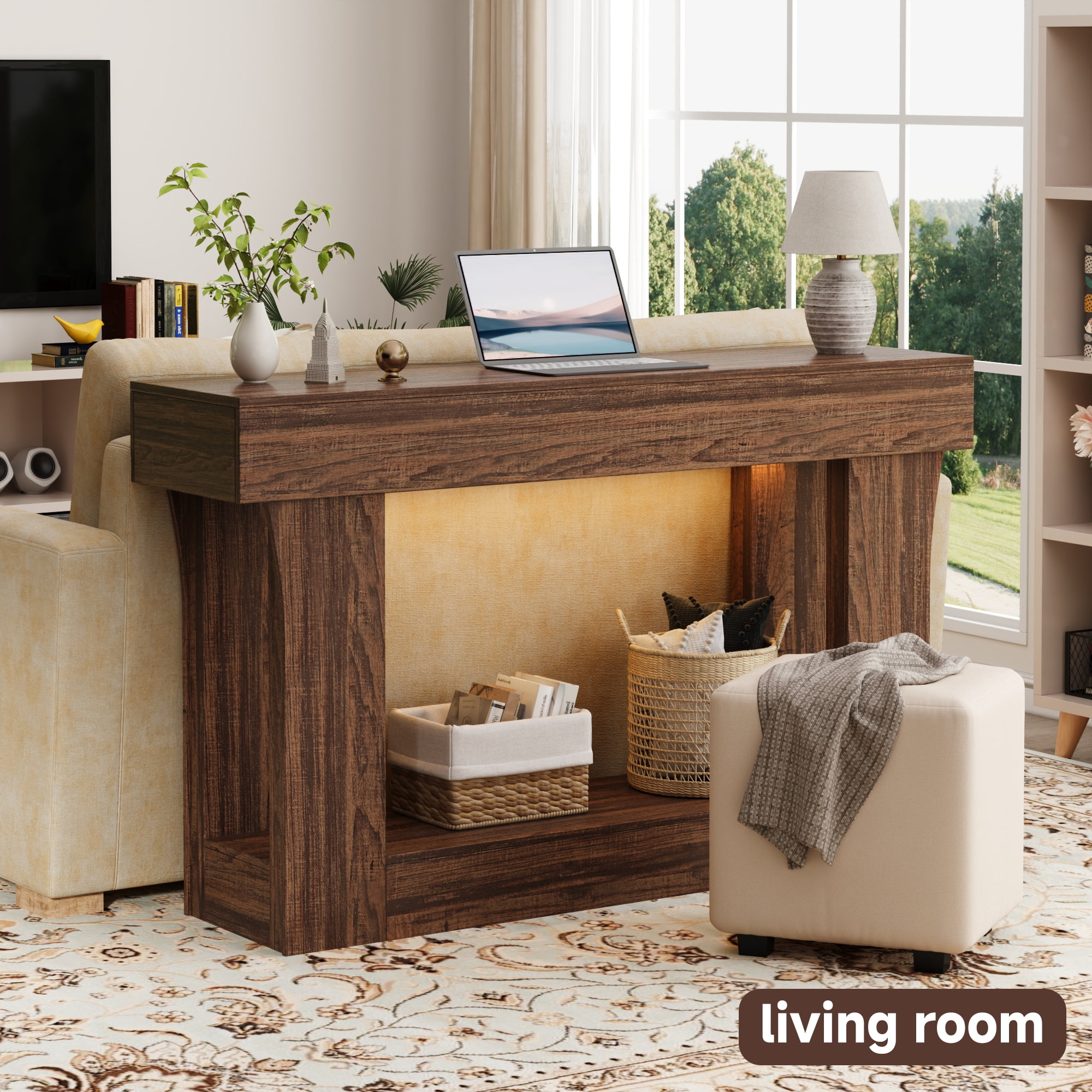 IDEALSOUL 47" Wooden Console Table, Long Sofa Table with with lighting & outlets, Entryway Table for Living Room, Hallway