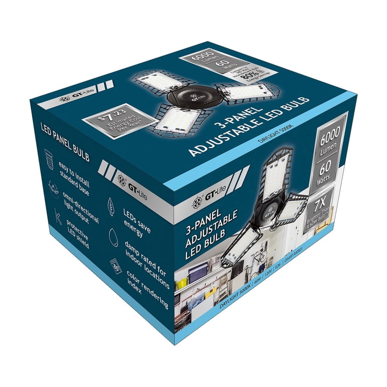 GT-Lite LED Garage Light 60-Watt 6000 Lumen, Adjustable 3-Panel