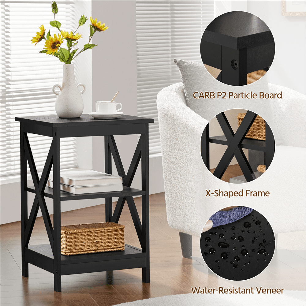 Renwick 3 Tier Wood X Shape Square End Table for Living Room, Black