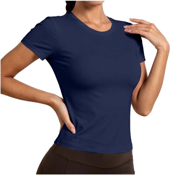 Women Solid Crew Neck Athletic T-Shirt, Slim Quick Dry Breathable Yoga Top Fitness Loungewear Tee Blue-crew neck XL(XL)