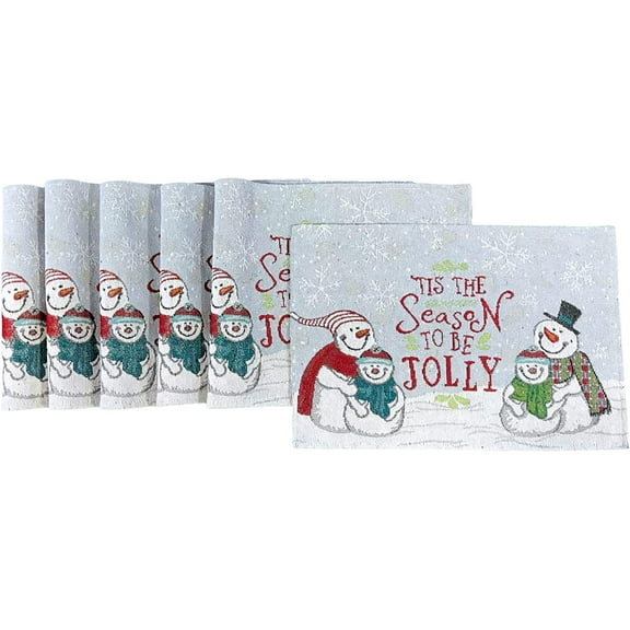Serafina Home Christmas Holiday Snowman Border Placemats, Set of Six (6) Colorful Tapestry Weave Fabric, for Holiday's, Thanksgiving, Winter, Christmas (Snowman Border)