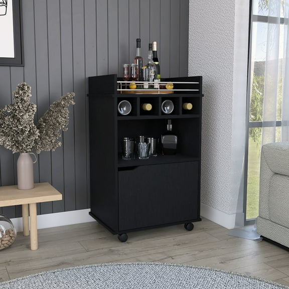 Black Modern Bar Cart With 2 Open Shelves, 4 & Cabinet - Uncomplicated Living Shelves Skillfully Made