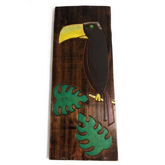 Toucan Bird & Monstera Leaf Relief 20" X 8" - Wall Art Wood Panel | #dpt516350