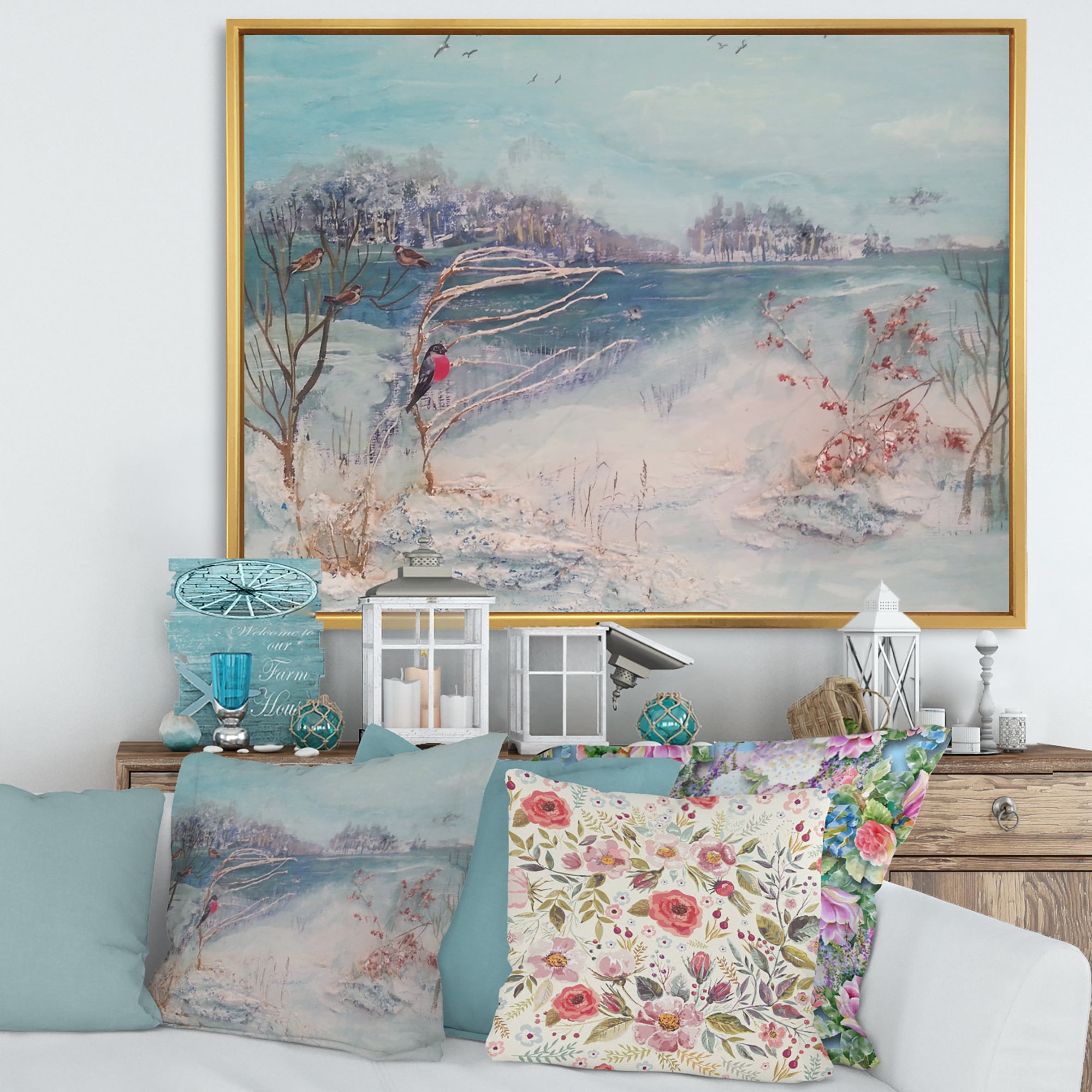 Designart 'Birds and Winter Trees By River' Lake House Framed Canvas Wall Art Print