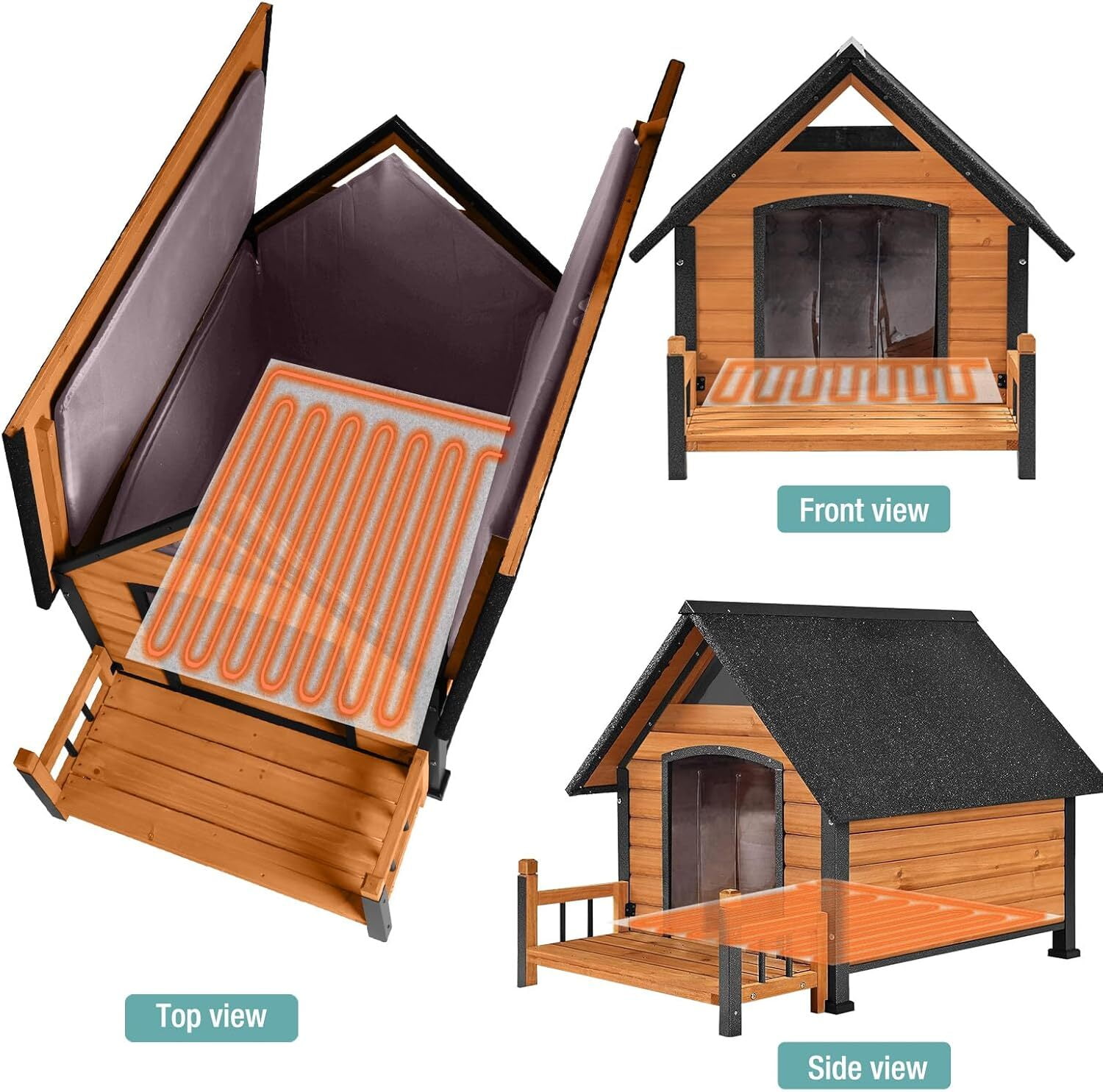MEDEHOO Insulated Dog House with Heating Pad, Weatherproof Outdoor Kennel for Large Dogs, Chew-Resistant Iron Frame & Asphalt Roof XLarge