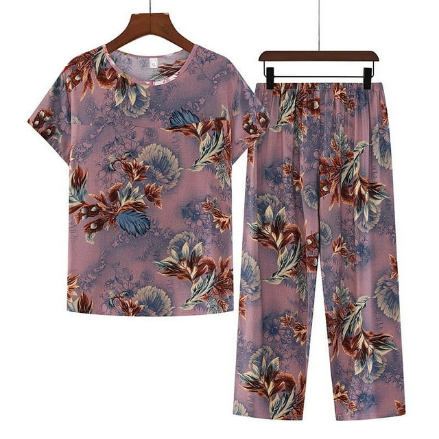 DPTALR Women's Summer Two Piece Set Short Sleeve Round Neck Pajama Set Printed Tops Pants Set