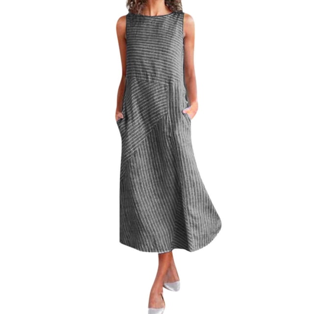 Kcodviy Robe Décontractée à Col Froncé Robe Midi Rayée Longue Imprimée avec Poche Robe Midi Rayée Femme Sans Manches Robe pour Femme