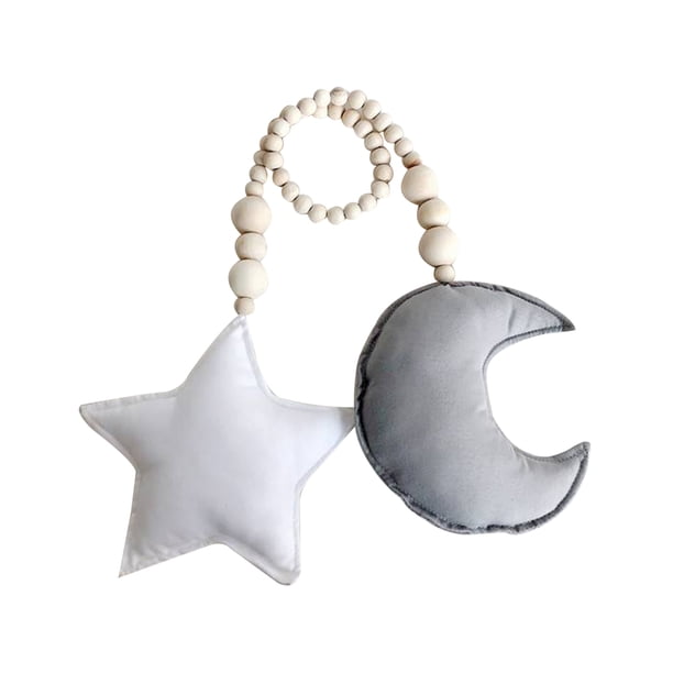 EeaseMX Adorno colgante de cuentas de madera de luna y estrella para cama de bebé, tienda de juegos, habitación, cuna (luna gris y estrella blanca)