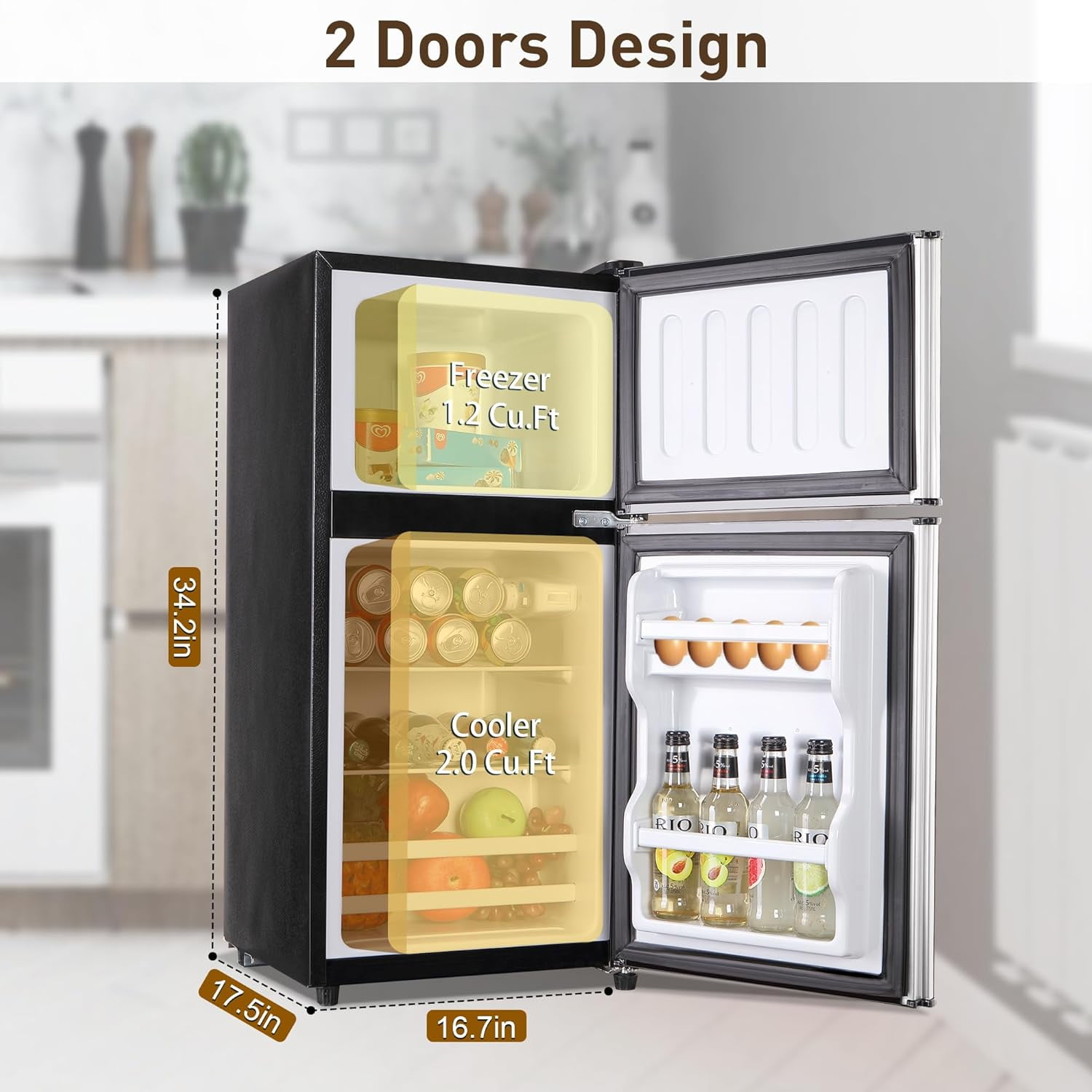 Kcpolre Mini Fridge with Freezer, 3.0 Cu.ft Small Refrigerator, 7 Adjustable Thermostat, Energy Saving, Low Noise, Double Door Compact Refrigerator for Dorm, Bedroom, Office - Silver