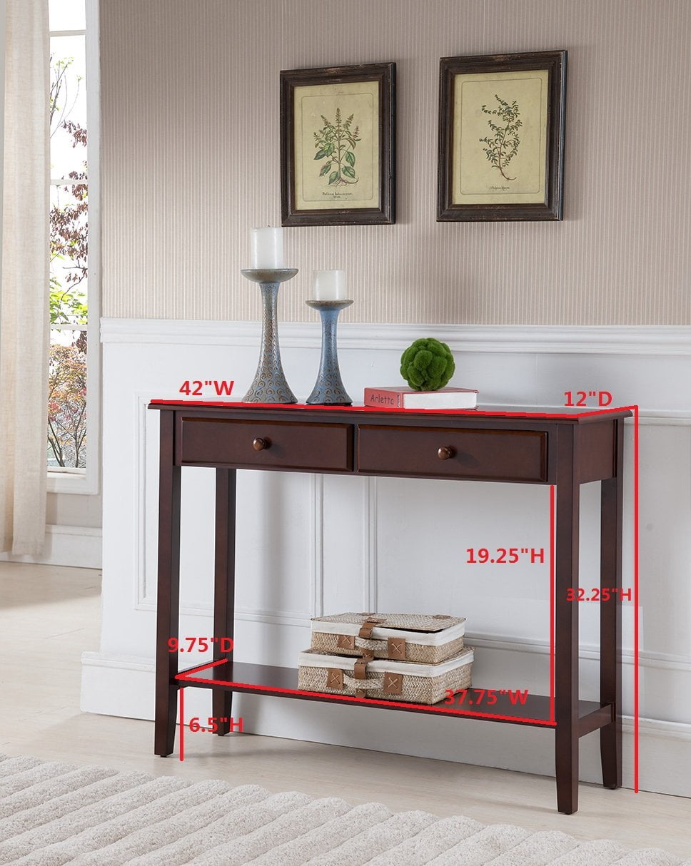 Kings Brand Furniture Wood Console Entryway Table with 2 Slim Drawers & Lower Shelf, Walnut