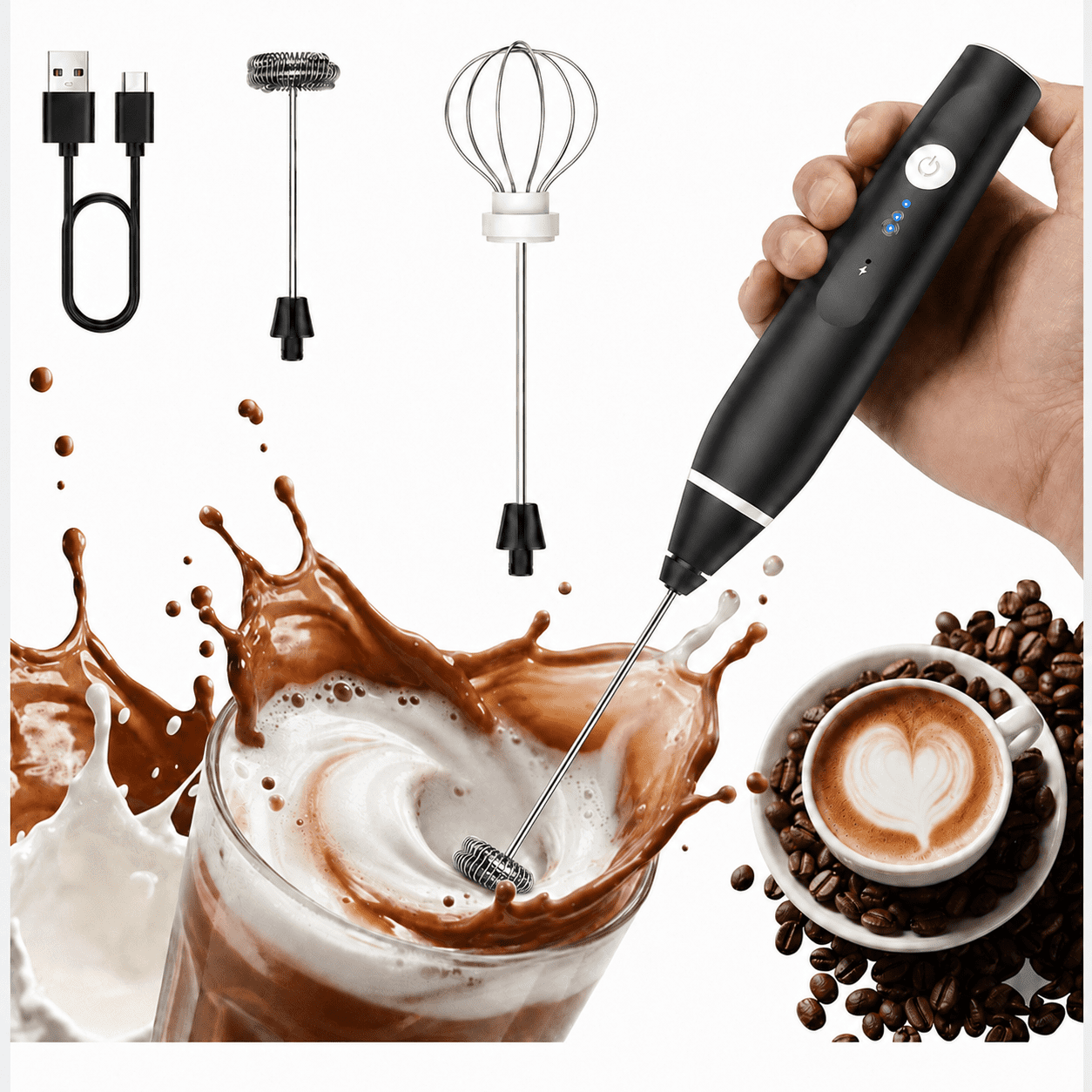 FoodVille MF02 Rechargeable Milk Frother, Handheld Foam Maker for