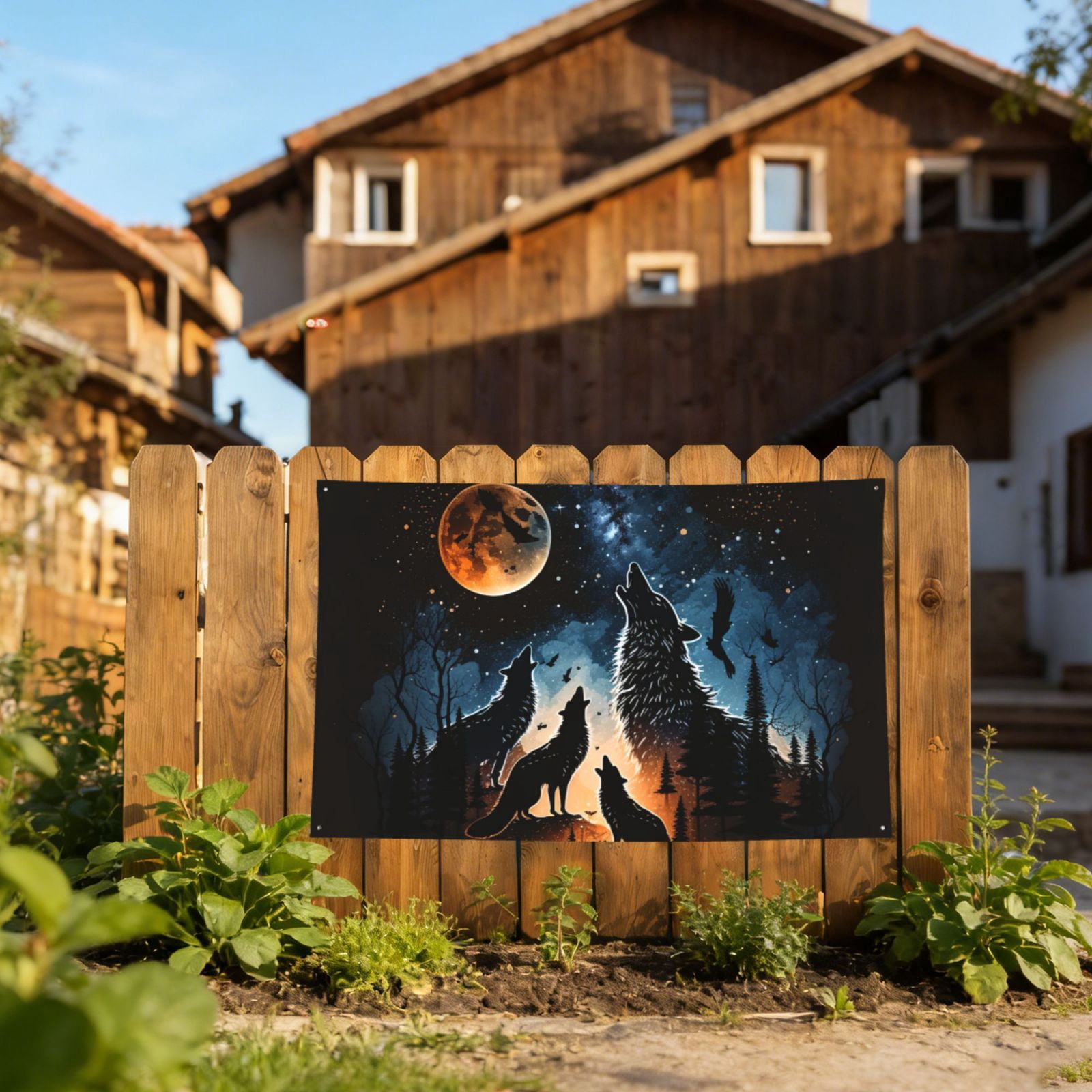 Wolf Howling Wolves Moon Night Stars Four Hole Decorated Banner Flag for Garden Yard Home Decoration Indoor Outdoor 4x6 Ft