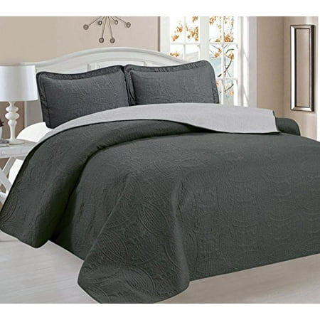 Home Sweet Quilt Home Sweet Home Victoria Design Reversible 3 PC Quilt Bedspread Sets (Full/Queen, Gray/Sliver) ()