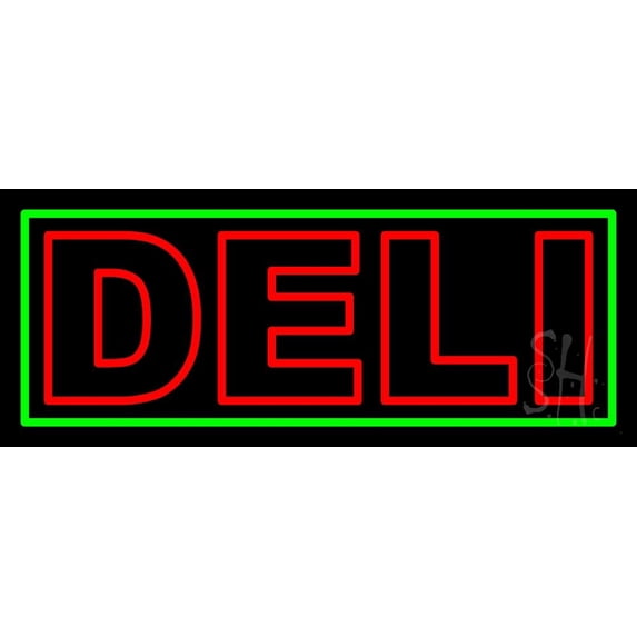 Red Deli 1 LED Neon Sign 13 x 32 - inches, Black Square Cut Acrylic Backing, with Dimmer - Bright and Premium built indoor LED Neon Sign for restaurant window and interior decor.