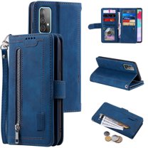Dteck Wallet Phone Case for Samsung Galaxy A53 5G, Retro Matte 9 Card Holder Slots Zipper Pocket Case PU Leather Magnetic Closure Kickstand with Wrist Strap Shockproof Folio Flip Case,Blue