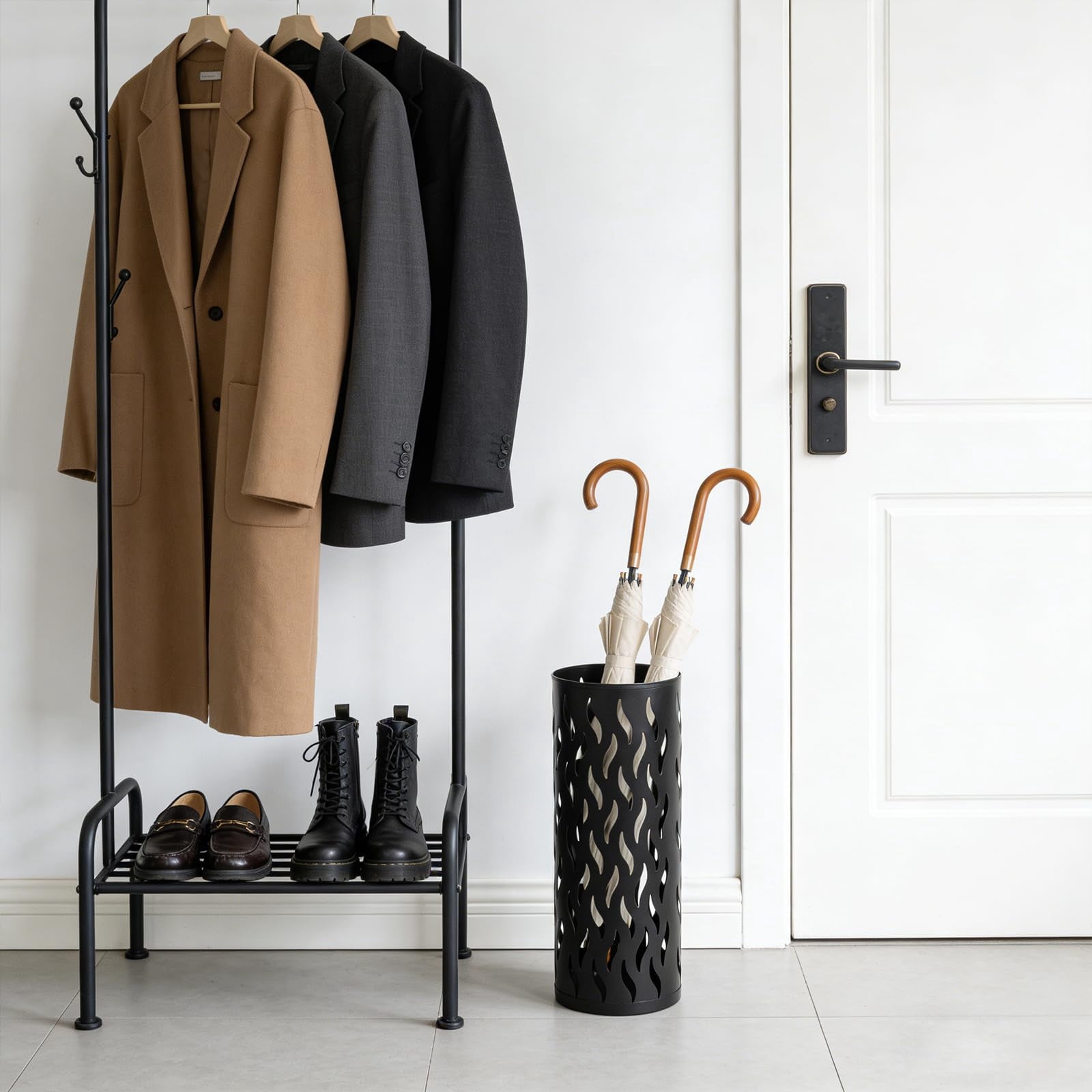 Umbrella Holder, Metal Umbrella Stand for Entryway, Umbrella Storage Rack with 4 Hooks Decor, Home, Office,5.8 × 5.8 × 16.4 (Black)