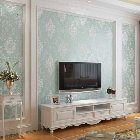 European Style Luxury 3D Damask Pearl Powder Finish Wallpaper Roll (Light Green)