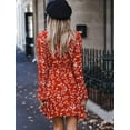 thumbnail image 3 of Women's Dress Floral Printed V-Neck Flared Long Sleeve Ruffle Hem Short Dresses with Drawstring, 3 of 4