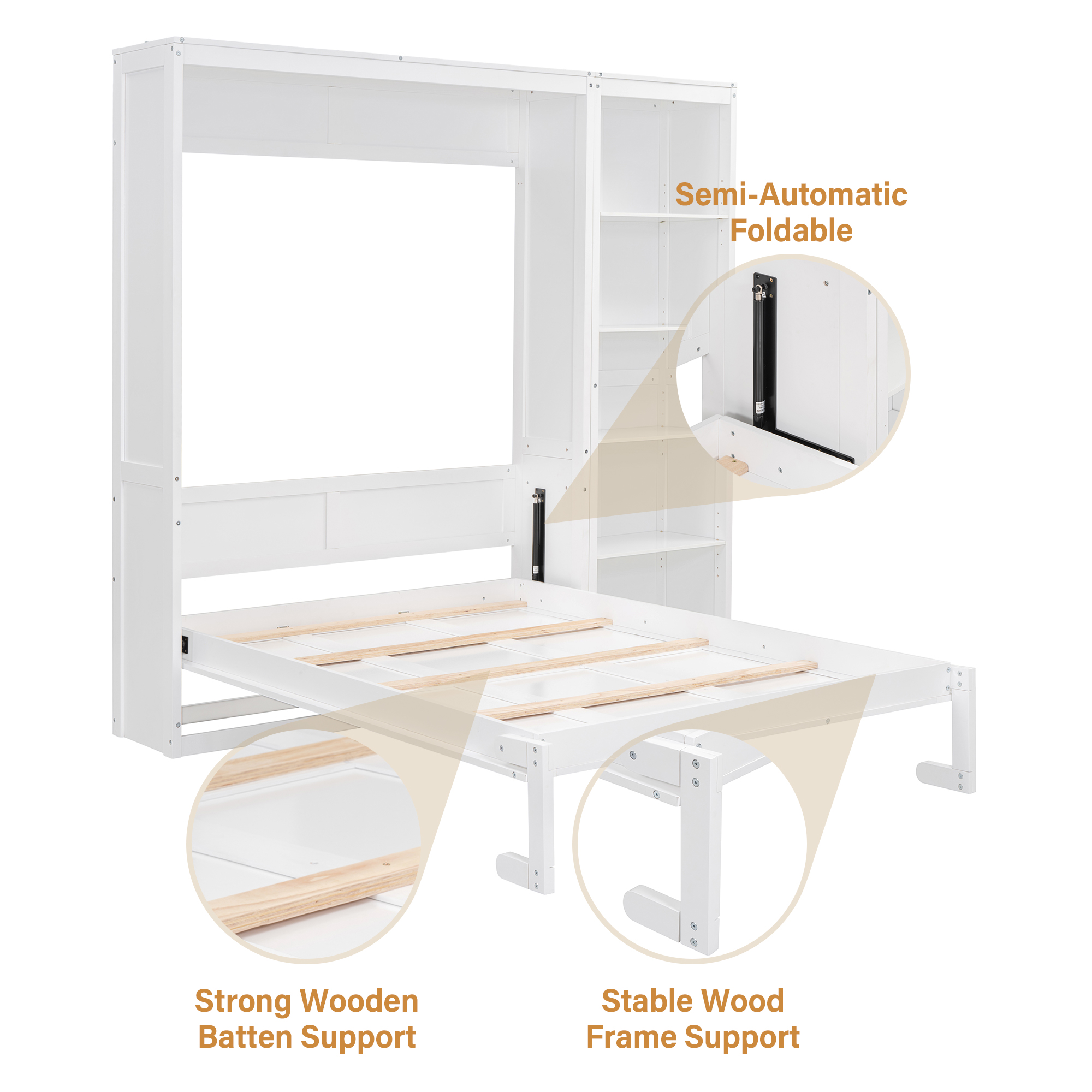 Aukfa Full Size Murphy Bed, Wood Cabinet Bed Frame with Adujstable Shelves, Foldable Platform Wall Bed Frame for Guest-Room, Home, Office, White