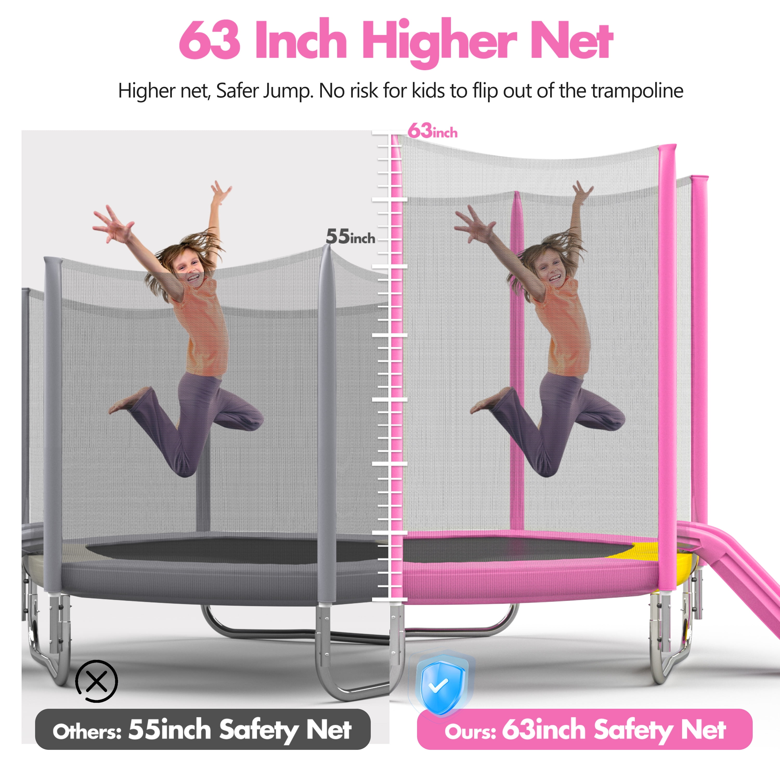 EUROCO 7FT Trampoline with Removable Slide, Kids Indoor Outdoor Trampoline with Enclosure Net and Ladder, Pink