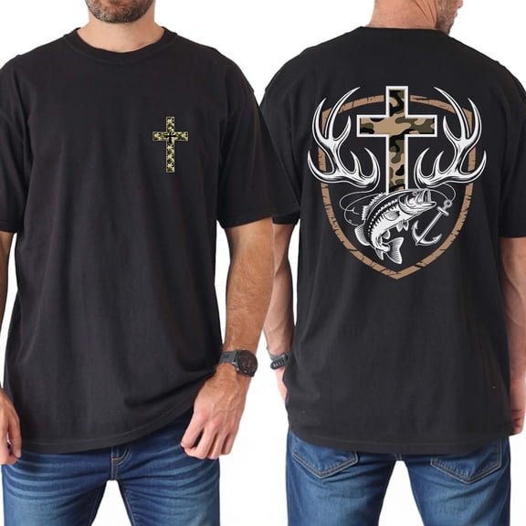 Camo Cross Hunting Double-Sided T-Shirt – Outdoor Christian Faith Tee with Antler & Fish Graphic, Hunting Streetwear Gift for Men & Women