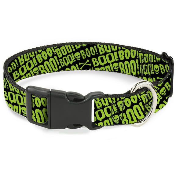 Buckle-Down Pet Collar, Dog Collar Plastic Buckle, Boo Text Skull and Crossbones Black Green, 7 to 8.5 Inches 0.5 Inch Wide