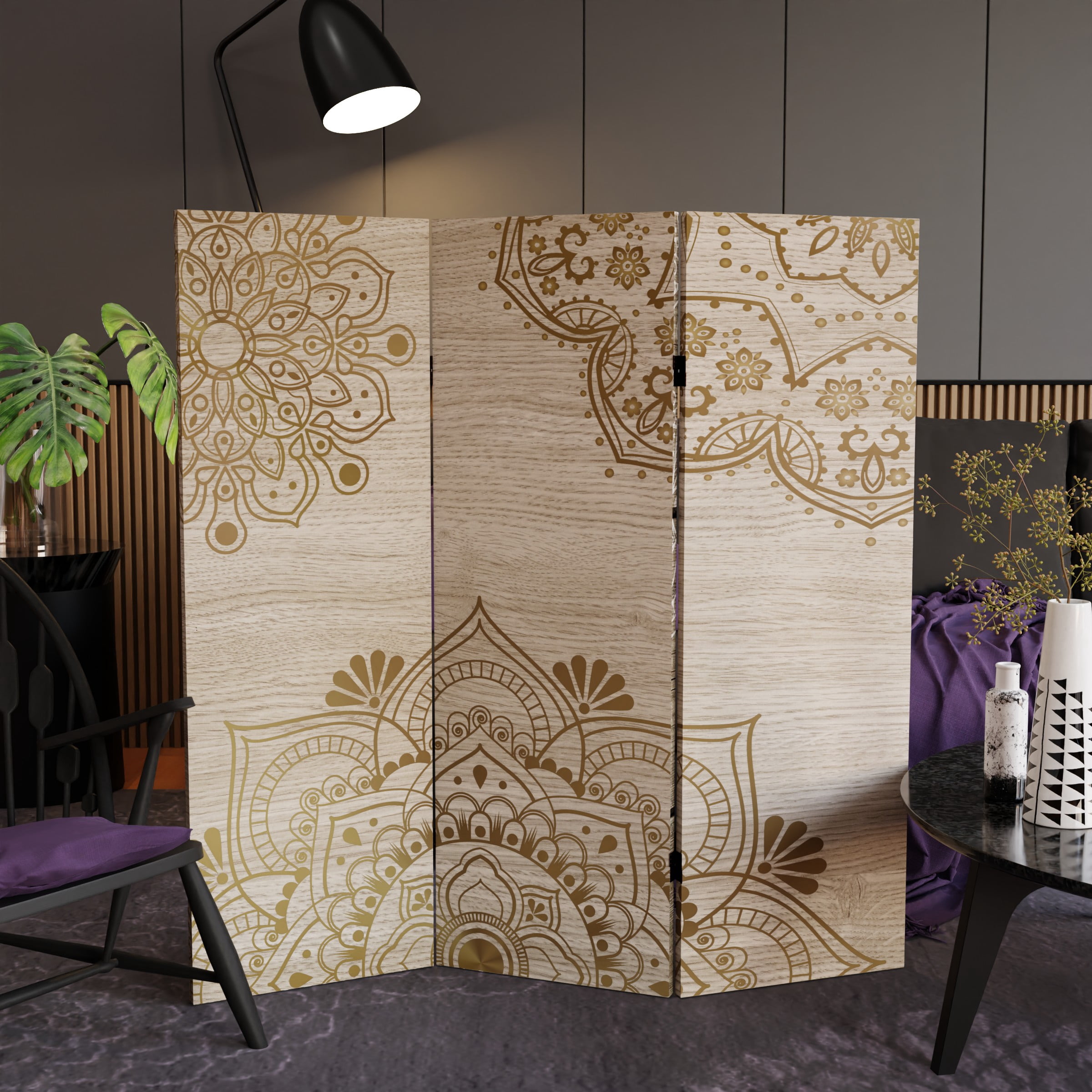 4 ft. Short Double Sided Mandala on Oak Canvas Folding Screen