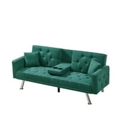 Dark Green Linen Convertible Sofa Bed with Square Armrests | Elegant and Multifunctional Couch | 3 Adjustable Comfort Positions | Built-in Cup Holder | Durable and Breathable for Living Room