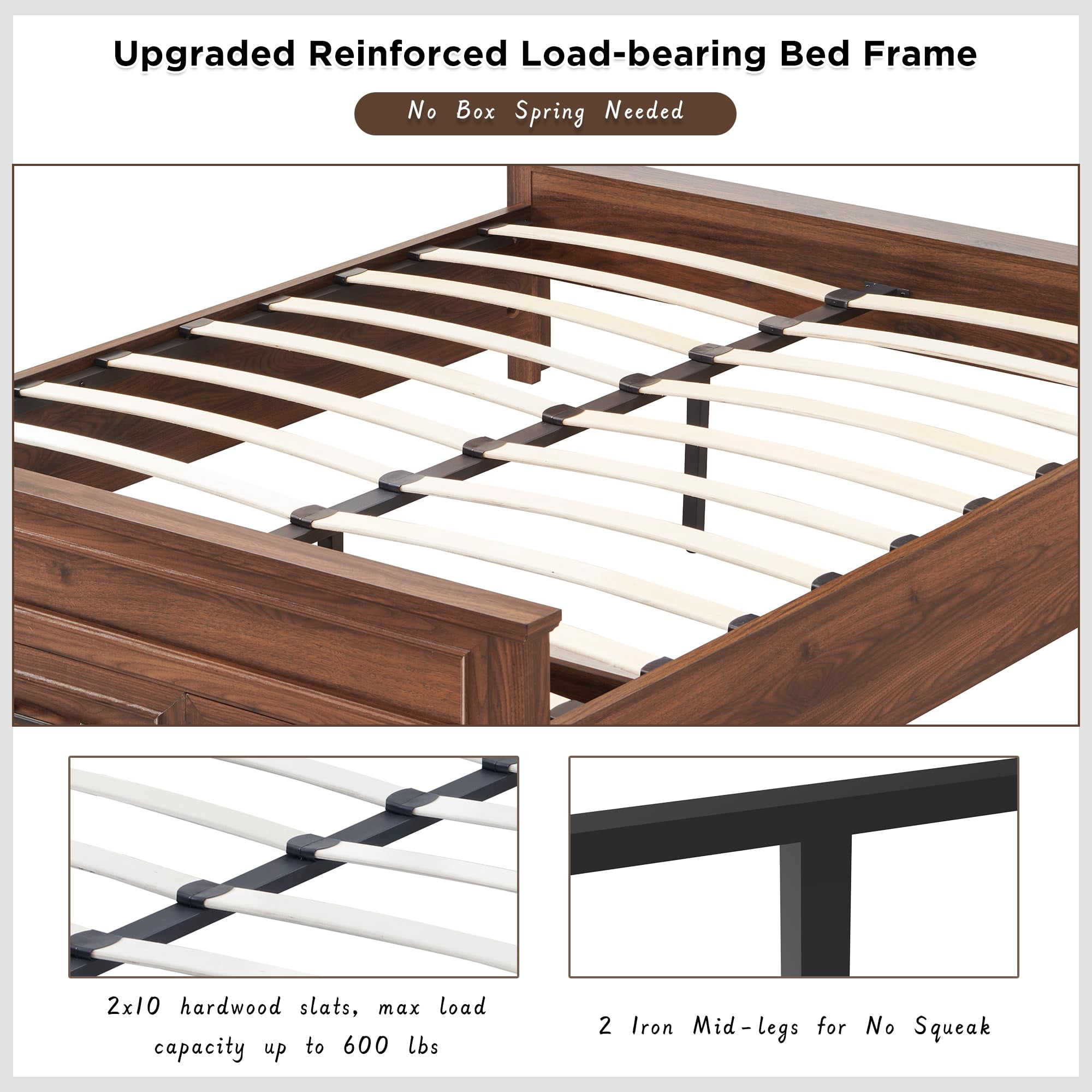 ACCOHOHO Rustic Queen Size Bed Frame with 52" Tall Full-Panel Headboard, Wood Platform Bedframe with Footboard and Storage Drawers, No Squeak, No Box Spring Needed, Brown
