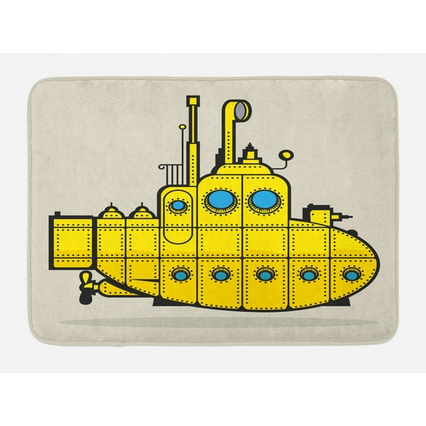 Yellow Submarine Bath Mat, Retro Grunge Artsy Marine Vessel Industrial