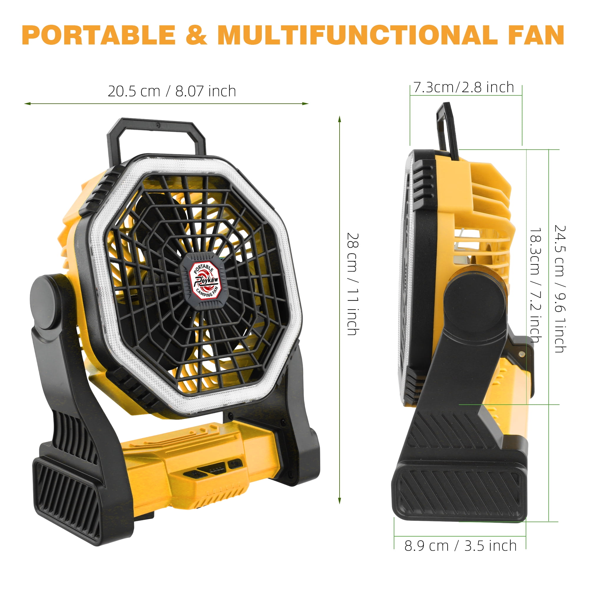 Roykaw Portable Fan for Travel, 10400 mAH Rechargeable Camping Fan, Cordless Battery Powered Fan with Led Light, Battery Fan with Handle, for Tent, Fishing, Hurricane Fan for Bedroom, Yellow