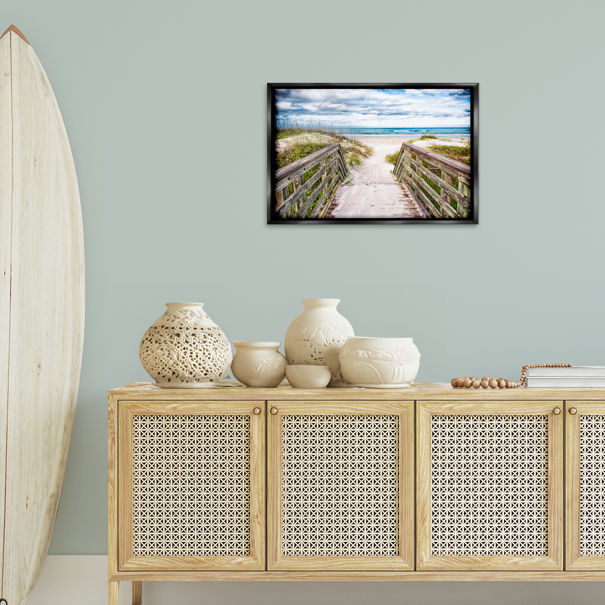 Stupell Industries Sandy Coast Boardwalk Nautical & Beach Photography Black Floater Framed Canvas Art Print Wall Art, 25 x 17