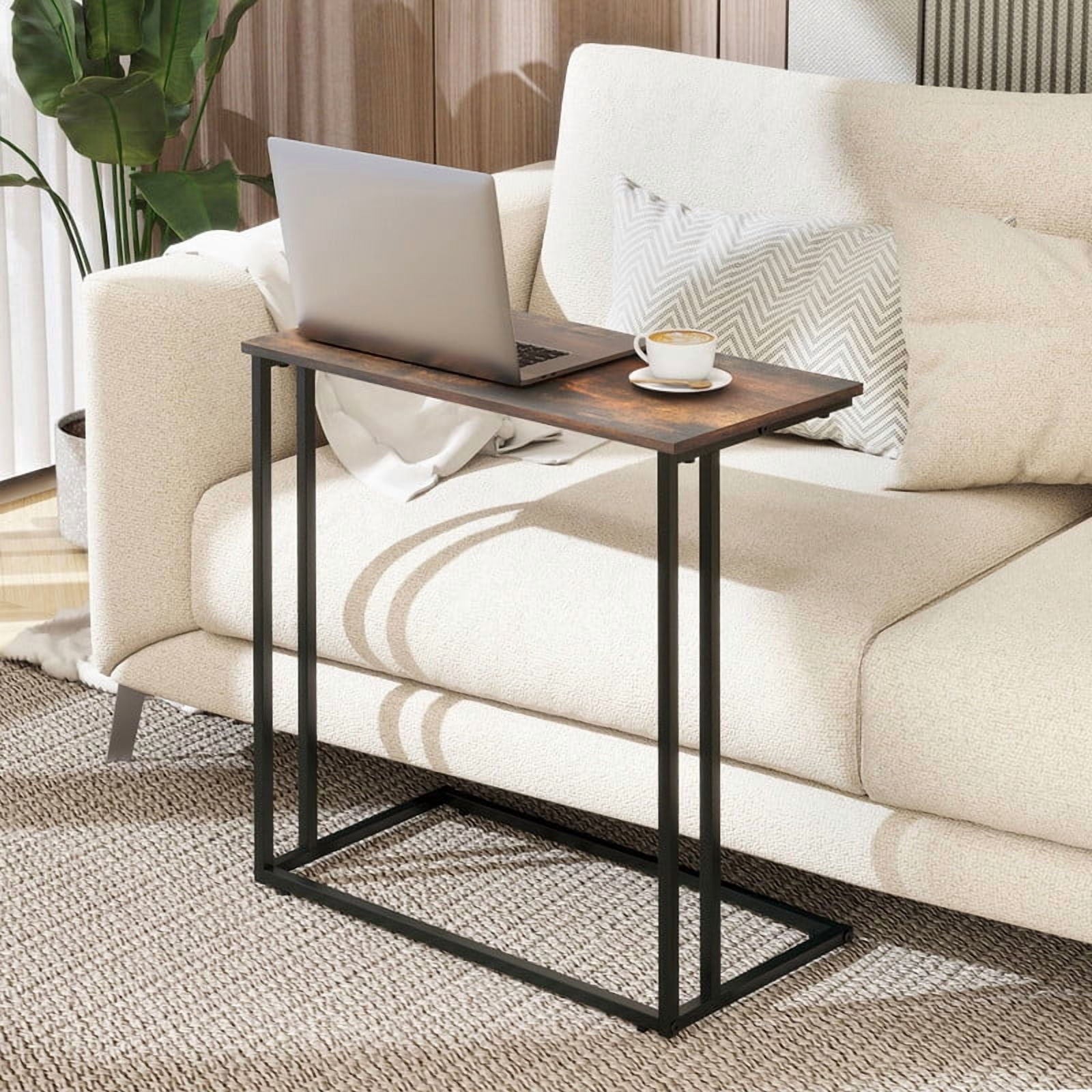 Krpimt C-Shaped End Table for Couch Sofa Side Table with Metal Frame for Bedroom, Living Room, 24.2"x 23.6"x 11.8"(HxWxD), Rustic Brown