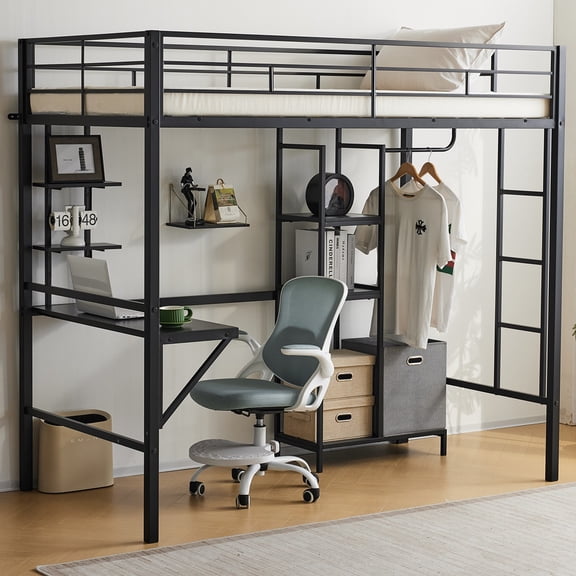 UBesGoo Metal Twin Size Loft Bed Frame with Stairs & Full-Length Guardrail, Rustic Wood, Black Frame