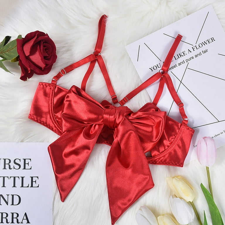 Lingerie For Women Garter Bow Decoration Satin Texture Strappy Harness  Vintage Spaghetti Strap Open Back Boned Going Out Party Crop Top Bodysuit  Red S 
