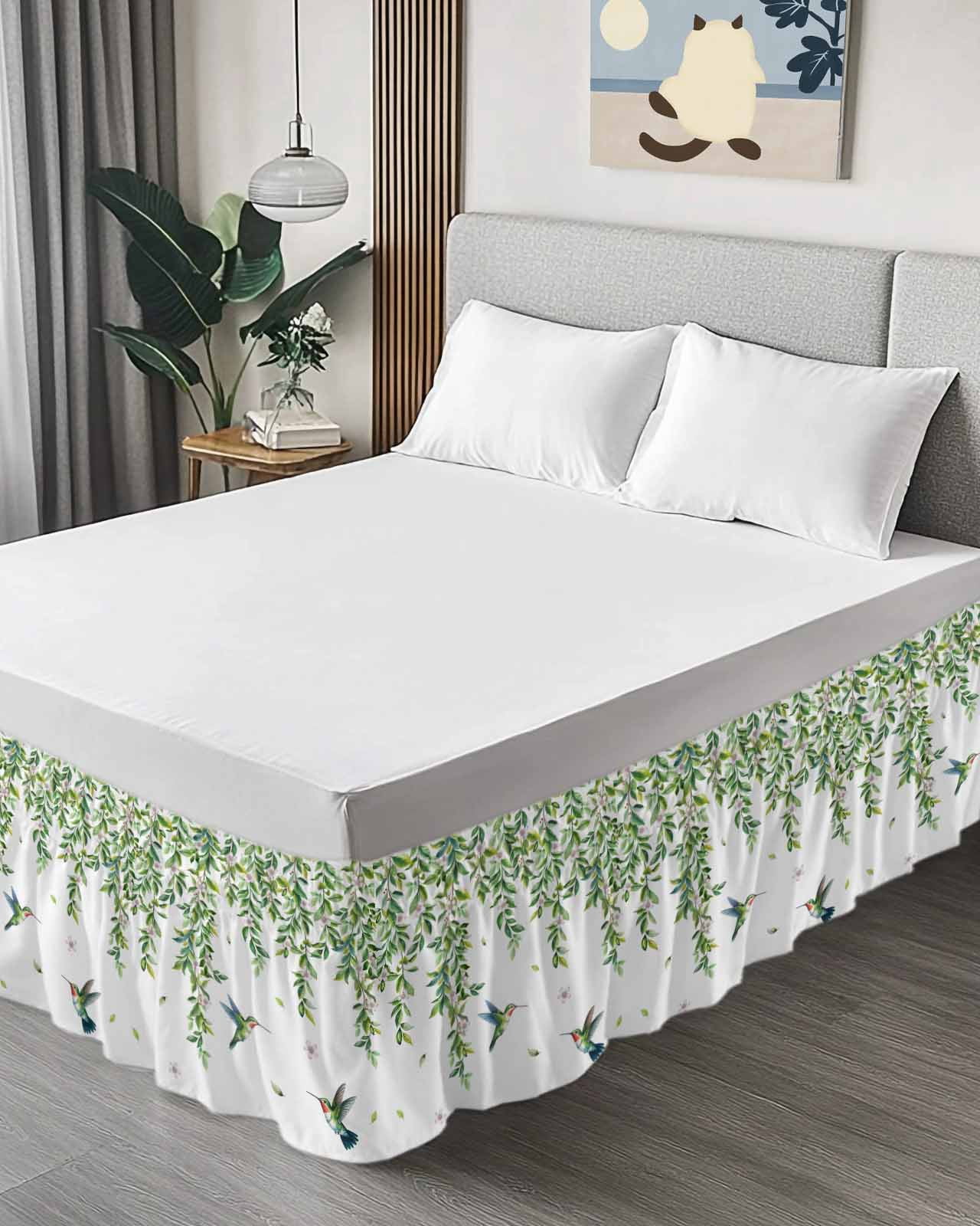 Spring Leaves Bed Skirt California King Size 18 Inch Drop, Watercolor Falling Green Leaf Floral Plant Flying Birds Adjustable Elastic Dust Ruffles Bedskirt Wrap Around Pleated Mattress Frame Cover